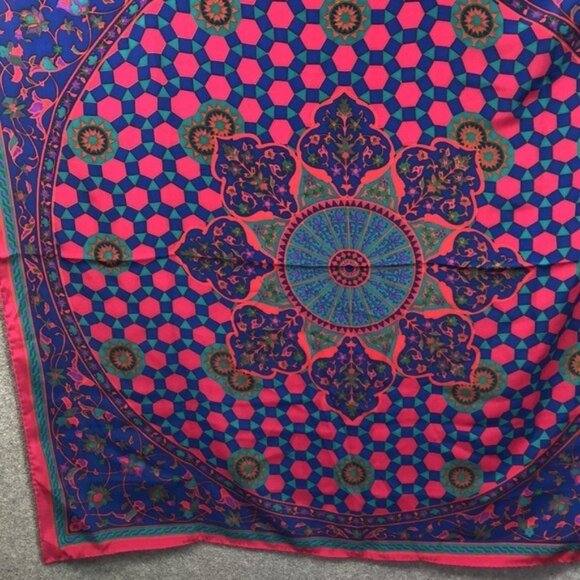 Large Silk Scarf Pink Blue Geometric Medallion Print Square Shawl Wrap - Picture 3 of 7
